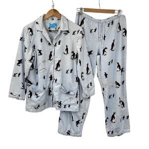 Nick & Nora Penguin Print Pajamas Cotton Pant Shirt Set Sleepwear Blue Medium